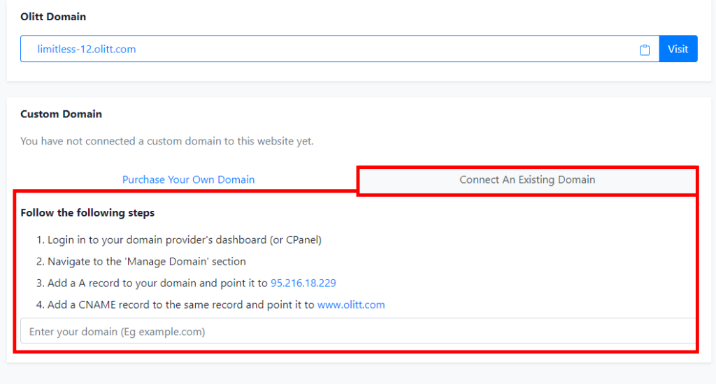 How To Use Olitt: Ultimate Step By Step Guide 17 How To Connect Existing Domain